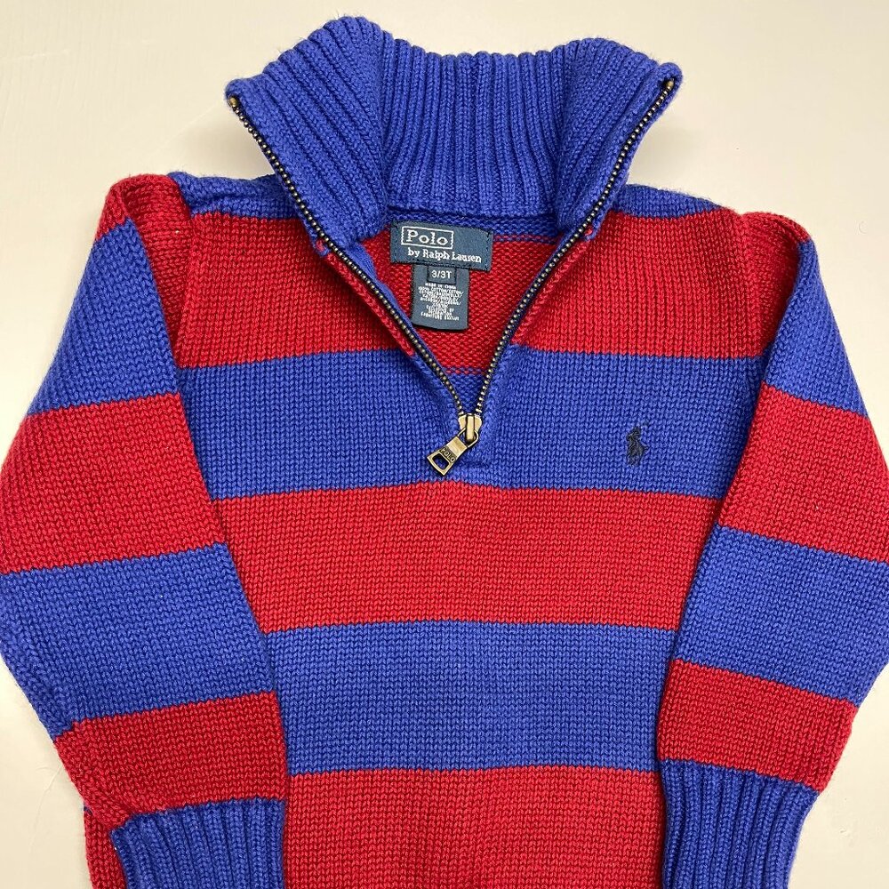 Polo Ralph Lauren Quarter Zip Knit Sweater Toddler Sz 3T Royal Blue/Red Stripes